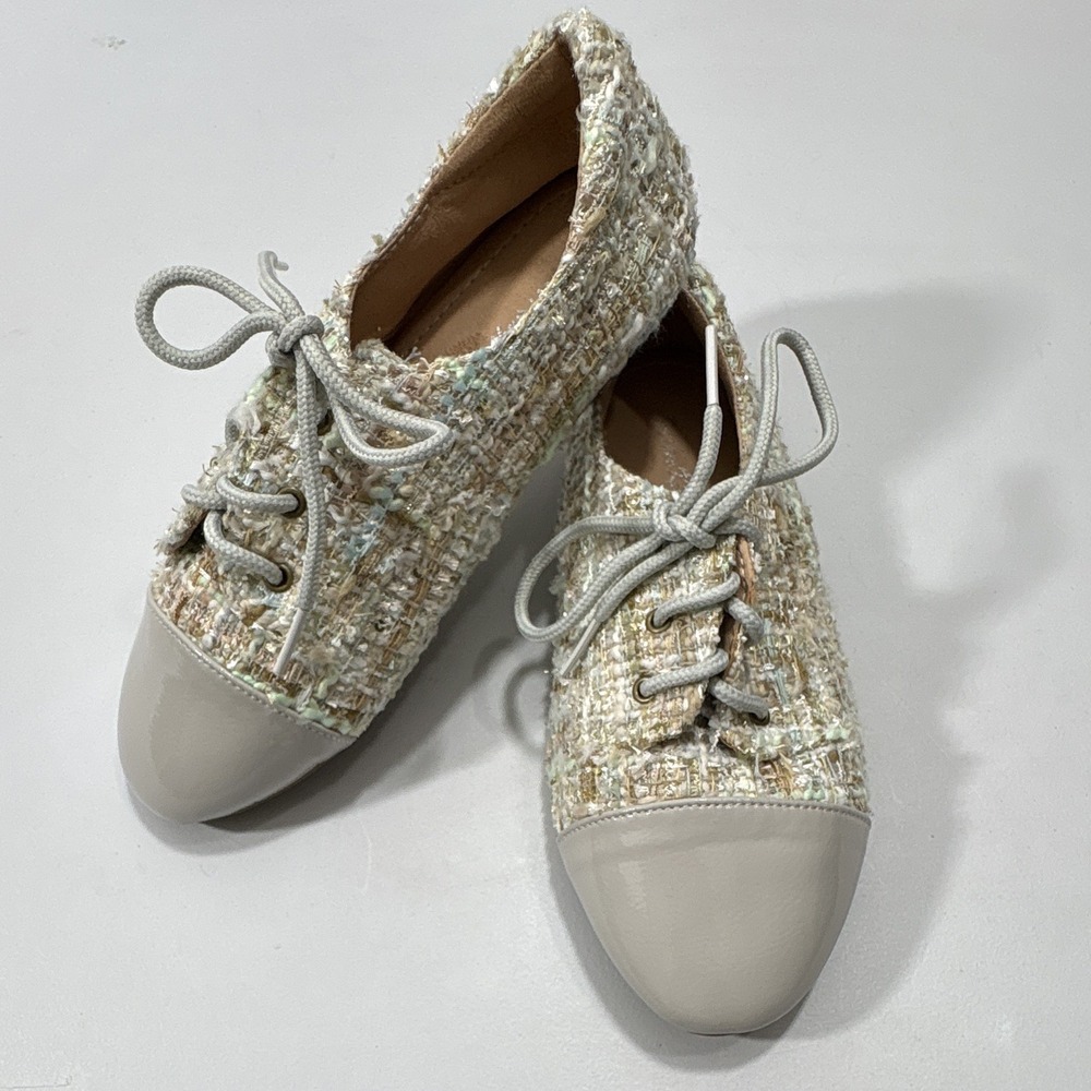 Women's Tweed Oxford Flats Lace-Up Round Toe Beige/Cream EU 35 US 5